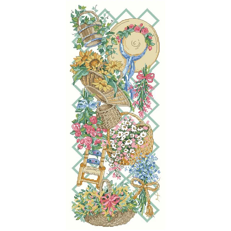 

14/16/18/22/25/28CT Lovely Counted Cross Stitch Kit Bouquets and Baskets on the fence sunflowers roses hat Dimensions 13575