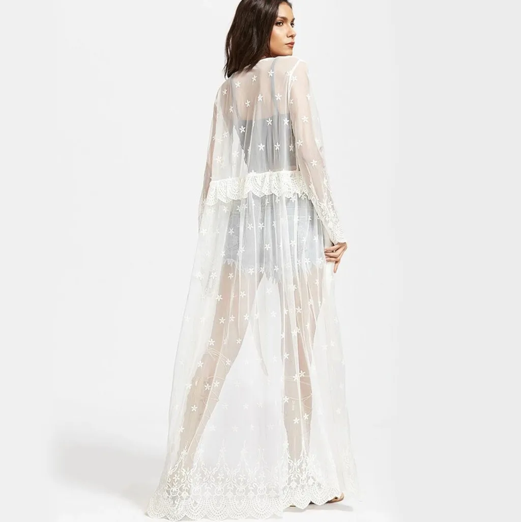 

Women Beach Dress Summer Lace Perspective Long Cardigan Swimsuit Cover Up Sexy Bikini Beach Cover Ups Bathing Suit Covers White