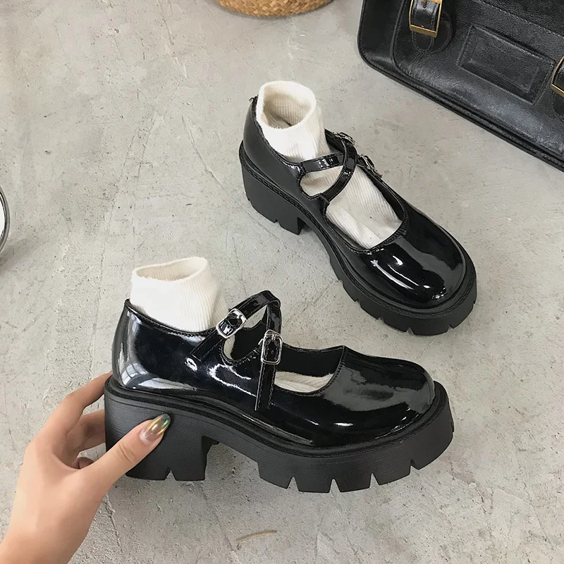 

Beige High Heels Leather Women's Shoes Shallow Mouth Mary Jane Chunky Sandals Round Toe Branded Pumps 2021 12cm Casual Lolita Bl