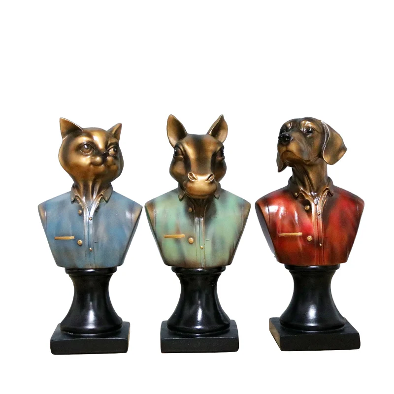 [MGT]Vintage  Animals Uniform Bust Sculpture Ornament/Dog Cat Horse Head Artificial Statue/Commemorate Pets Home Showpiece Decor