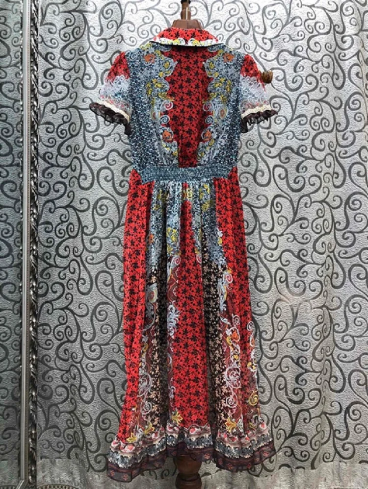 

Top Grade Designer Fashion Summer Dress 2020 Style Women Turn-down Collar Vintage Print Lace Patchwork Short Sleeve Dress Tunic