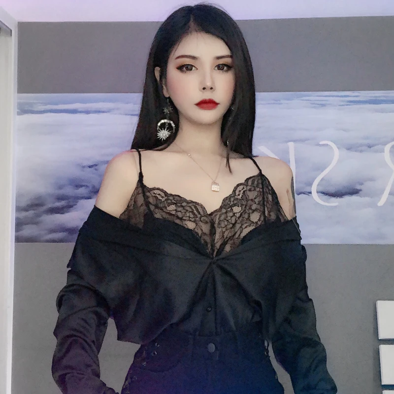 

Spaghetti Strap White Long Shirts Patchwork Lace Fake Two Pieces Sexy Off Shoulder Blouse Women Korean Fashion Clothing Hipster