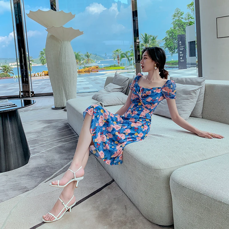 

Women Midi Floral Chiffon Dresses Summer 2021 Runway Elegant Boho Vintage Korean Tropical Beach Vacation Dresses