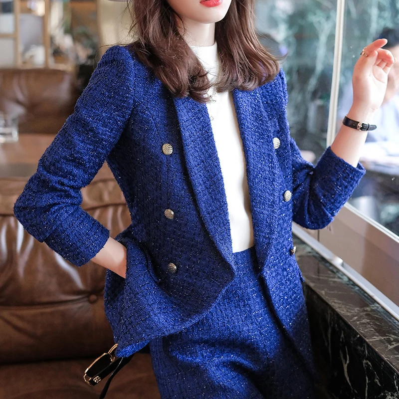 Boliyae Suit with Shorts for Women Spring and Autumn New Plaid Tweed Long Sleeve Blazer Sets Fashion Double Breasted Jacket Tops