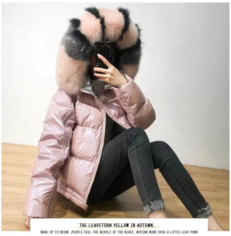 

Winter Jacket Women Big Fox Fur New Gold Silver Double Side Cotton Parkas Oversize Wide-waisted Boutique Women Clothing 2021