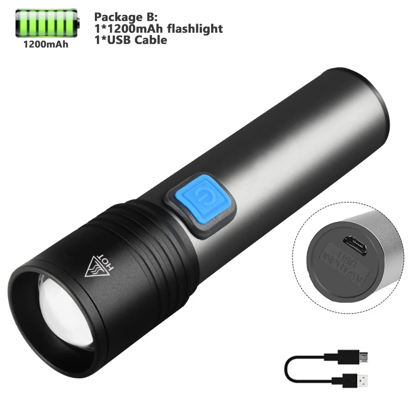 B Светодиодный фонарик с зарядкой от USB, T6 светодиодный, встроенный литиевый аккумулятор 1200 мАч, водонепроницаемый фонарь для кемпинга, масштабируемый фонарь - Испускаемый цвет: B