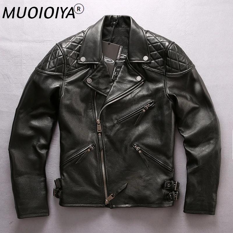 

ANGEL New Men's Skull Genuine Leather Cowhide Motorcycle Jacket Black Oblique zipper Slim Fit Men Winter Coats
