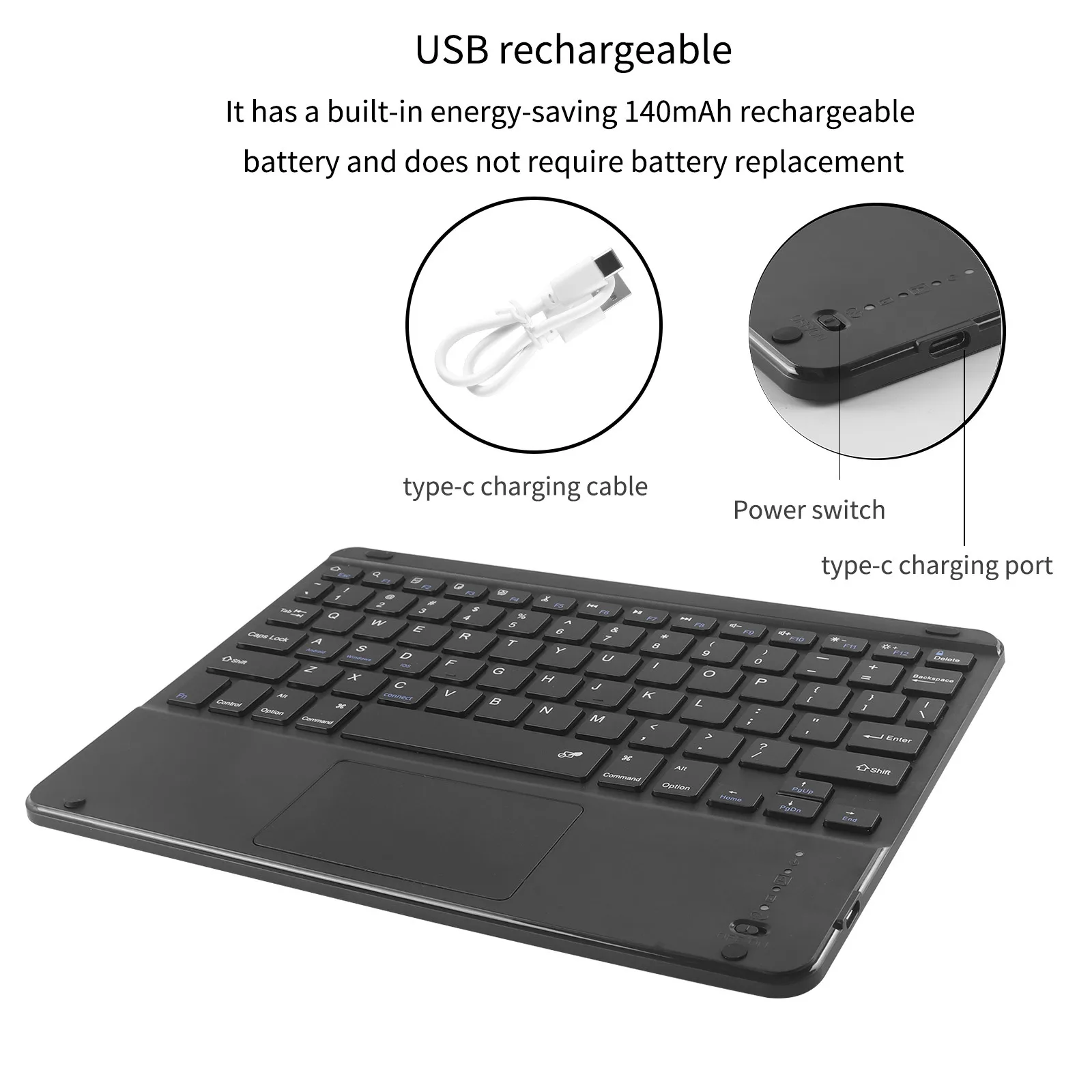 

Mini Bluetooth Keyboard Type-C Rechargeable Li-Lion Battery For Android Ios Windows System