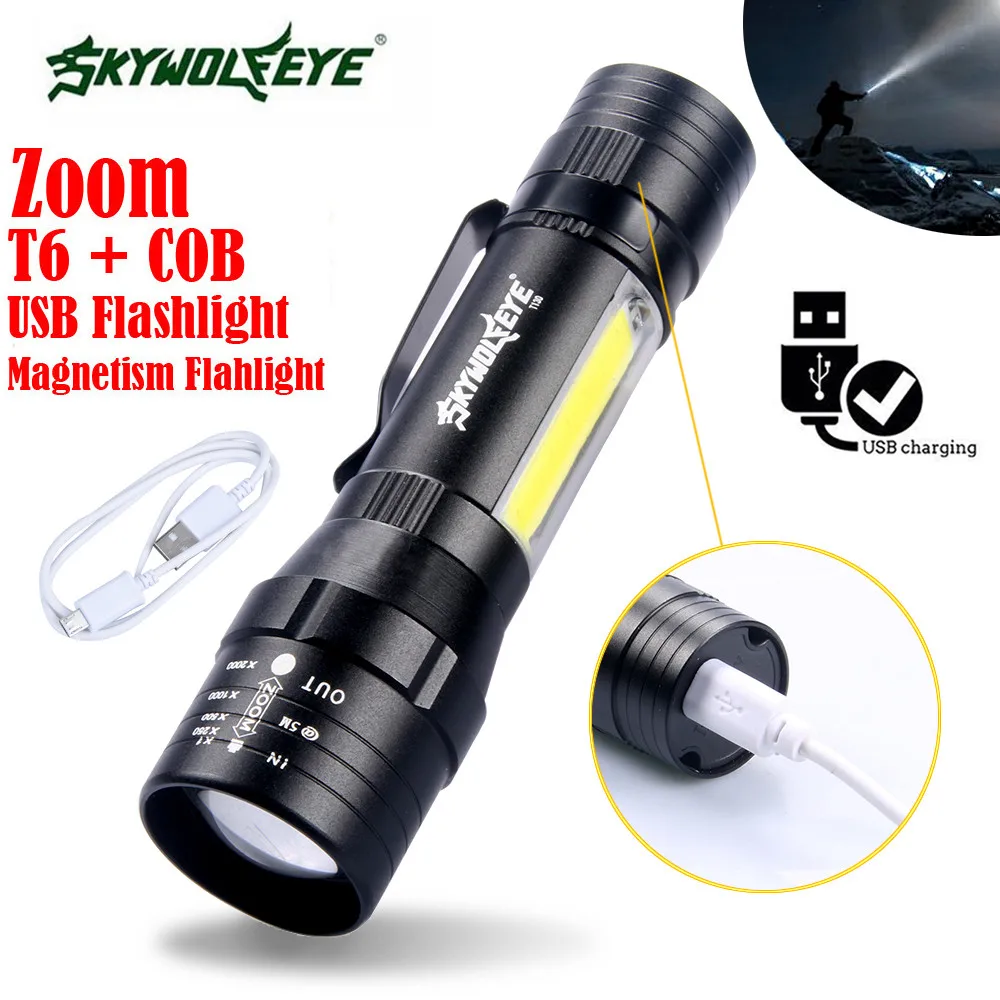 Небо волк глаз T6 + COB 4 Режимы светодиодный фонарик 18650 Usb Перезаряжаемый яркий