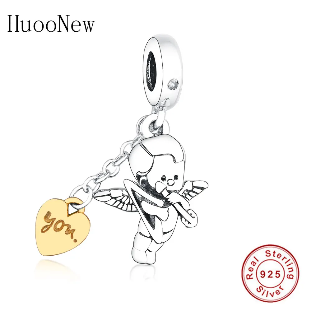 

Подходящий оригинальный фирменный браслет Pulsera 925 пробы Серебряный Купидон Крыло ангела Золотой Цвет Сердце Бусина для изготовления детей ...