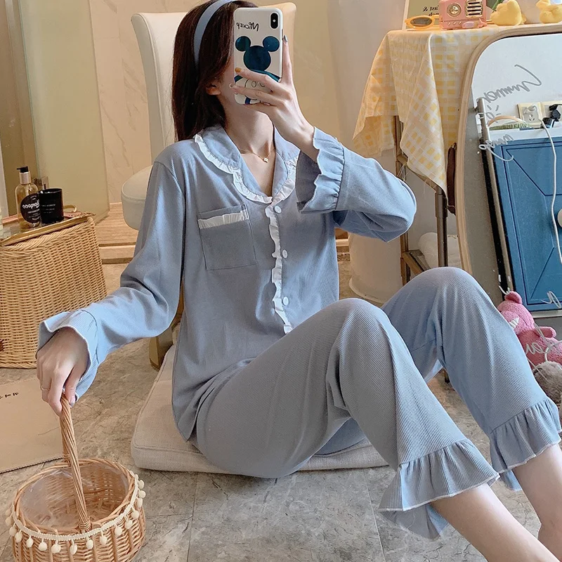 

Кардиган из чистого хлопка, женская одежда для сна, Женский весенне-осенний Кружевной Костюм Гун Чжу Фэн с длинным рукавом для студентов, ле...