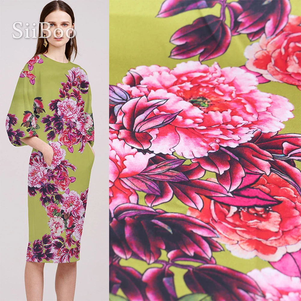 

French romantic peony positional printed soft spandex silk fabric for women summer autumn dress shirt telas por metro SP6092