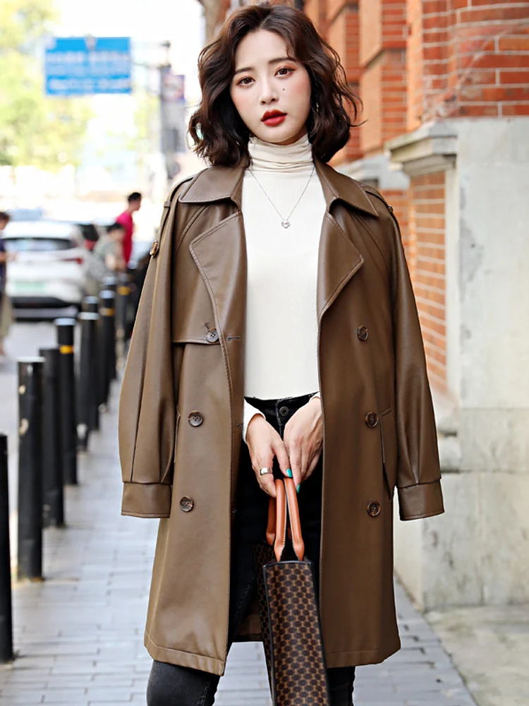 New Women Sheep Leather Trench Coat Spring Autumn Fashion Lacing Mid-Long Loose Sheepskin Jacket Stylish Outerwear Female