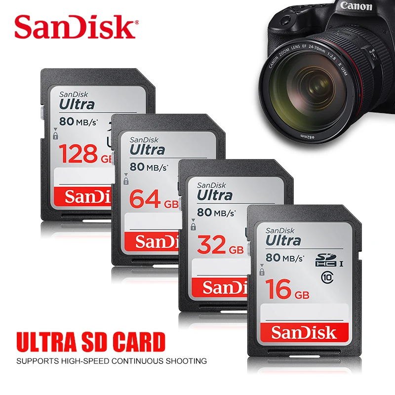 

100% Original SanDisk Ultra Memory Card SDHC/SDXC SD Card Class10 16GB 32GB 64GB 128GB C10 UHS-I 80MB/s Flash for Full HD Camera