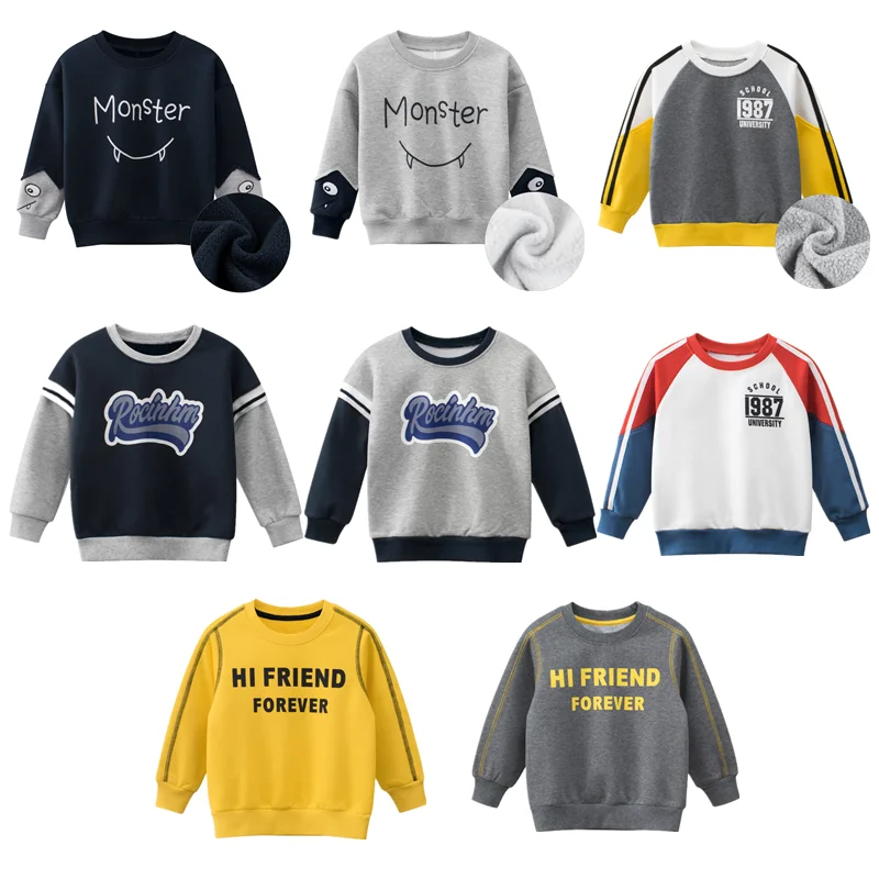 

Пуловер для мальчиков на осень и зиму, Повседневный свитер с круглым вырезом и длинными рукавами, плюшевый топ с надписью, 27, детская брендов...