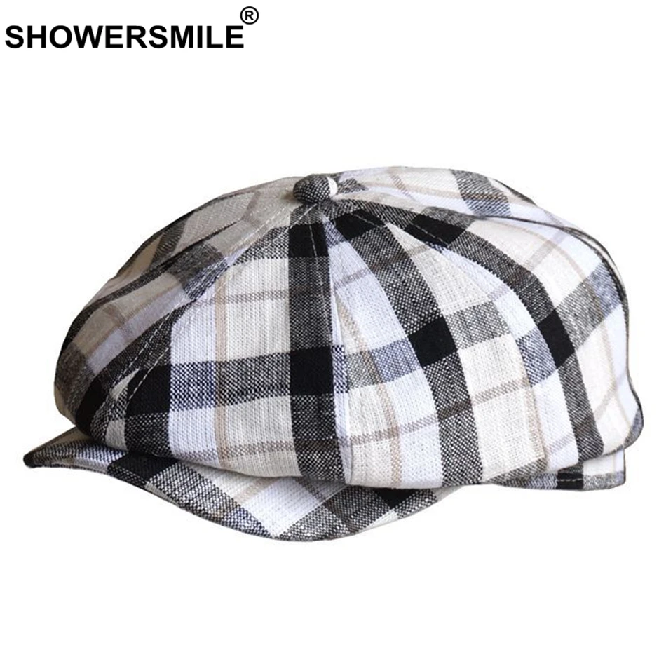 SHOWERSMILE мужские кепки газетчика летние льняные с плоским верхом белые клетчатые
