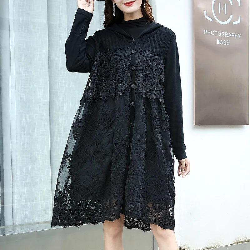 

Winter Autumn Trench Coats Plus Size Women Embroidery Lace Patchwork Long Hooded Black Trench Coat Outwears 881261