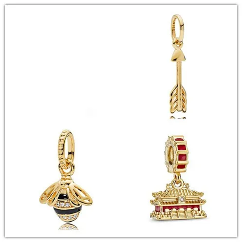

925 Sterling Silver Bead Charm Gold Color Shine Arrow Of Cupid Pendant Beads Fit pan Bracelet & Necklace Jewelry