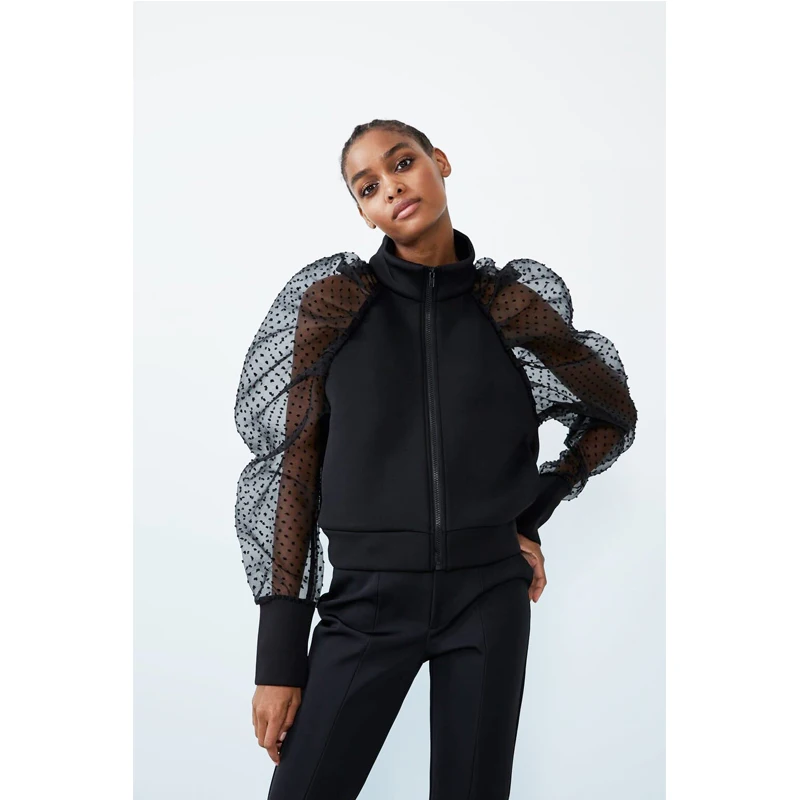 Женское Сетчатое пальто Meihuida осеннее в горошек с длинными рукавами фонариками и