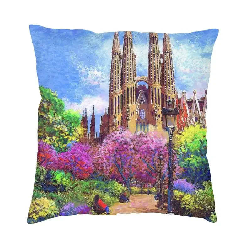 

Spain Cityscape Oil Painting Art Cushion Cover Home Decor Sagrada Familia And Park Barcelona Throw Pillow Case For Sofa Two Side
