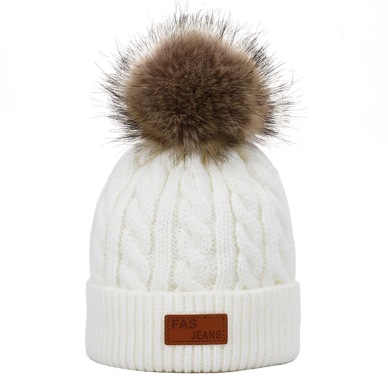White-2 Детская шапка, вязаная Милая шапка для девочек, BoysBig Pom pom Beanie, детские шапки для девочек и мальчиков, теплая вязаная зимняя детская шапка из натурального енота F - Цвет: White-2