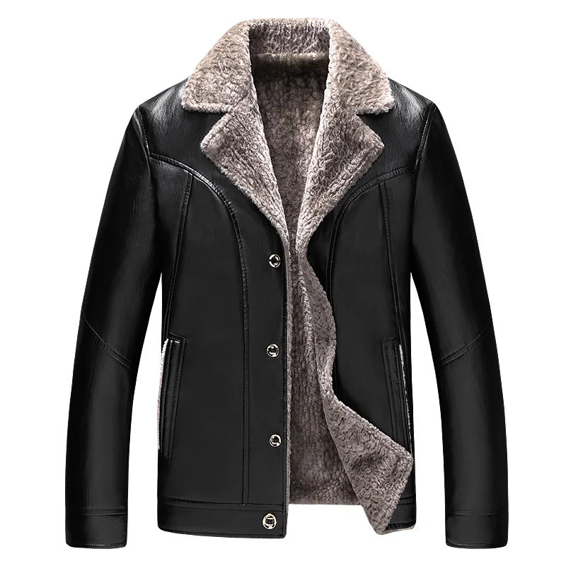 Мужская кожаная куртка ChangNiu коричневая однотонная теплая с искусственным мехом