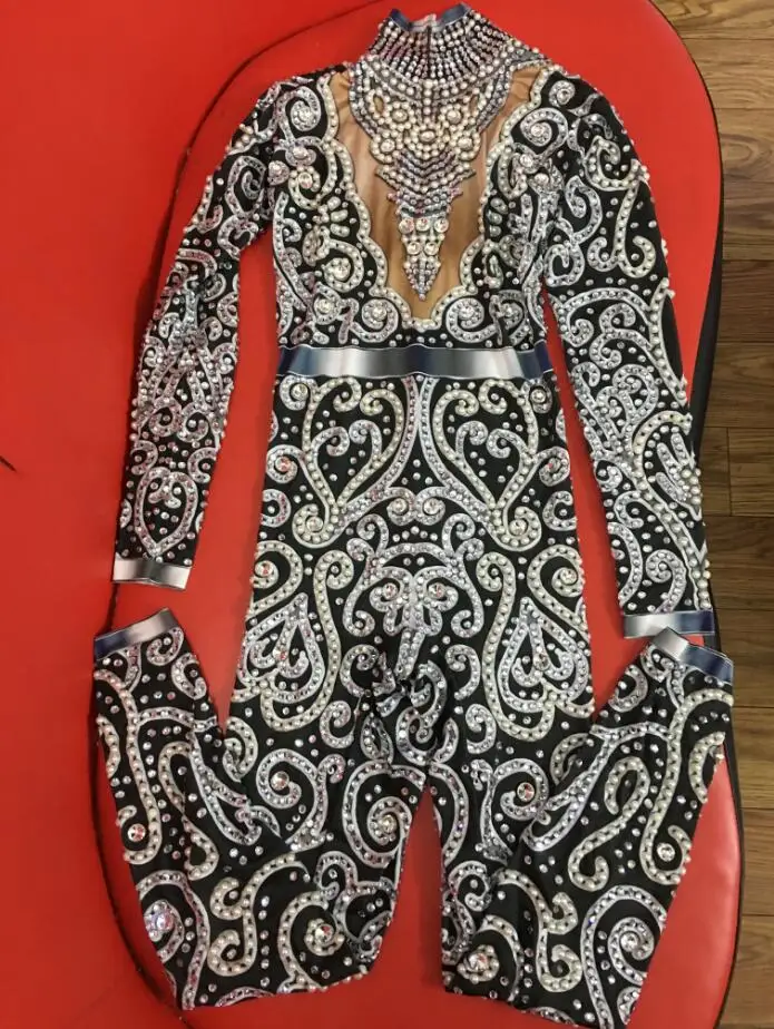 black jumpsuit Модный серый, серебряный, стразы, комбинезон, длинные рукава, стрейч, сексуальный комбинезон, сценический, вечерние, праздничный, Ночной костюм - Цвет: black jumpsuit