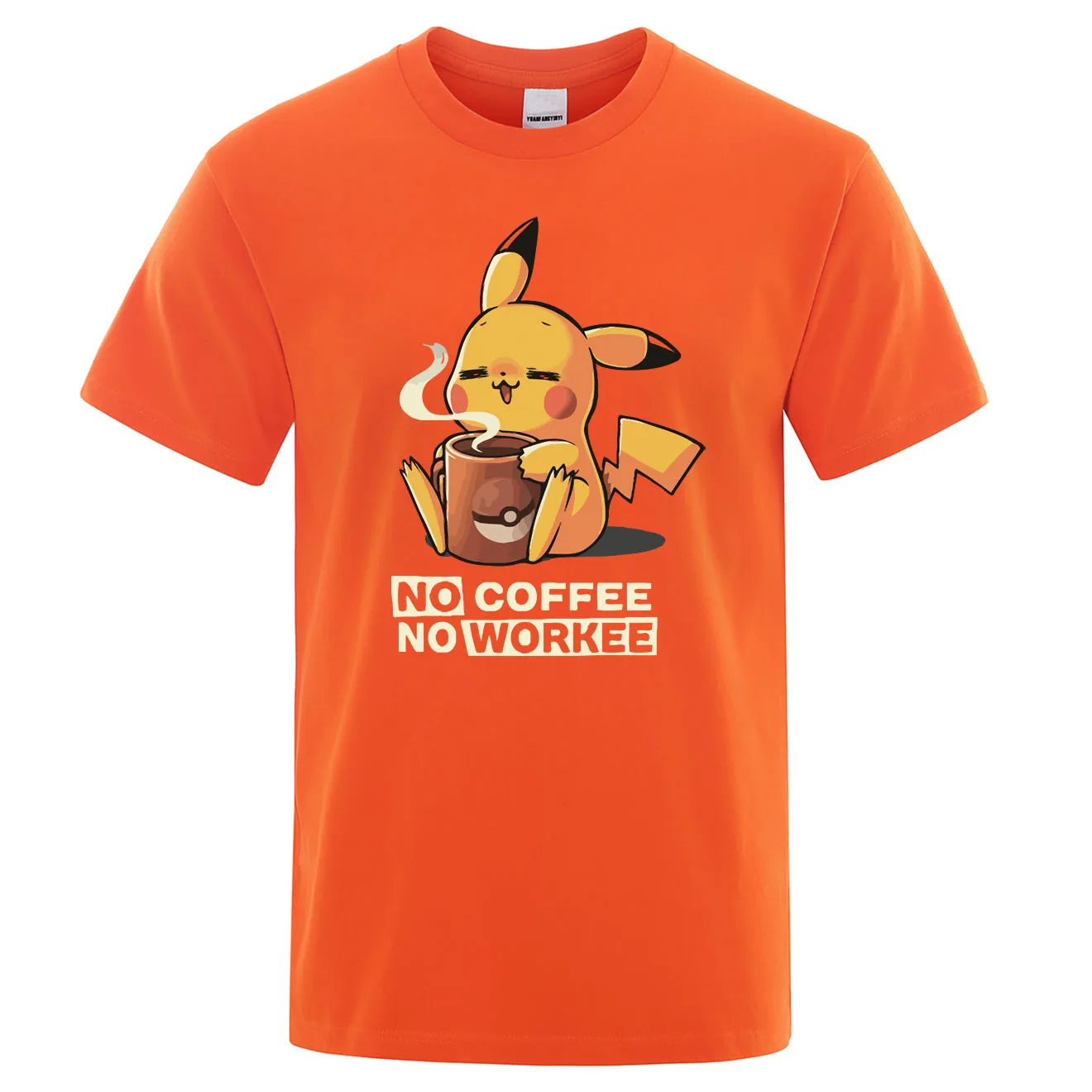 Футболки NO COFFEE NO WORKEE, Пикачу, футболка Pokemon, повседневные мужские футболки с круглым вырезом, Забавные футболки, черные мужские топы, брендовая одежда