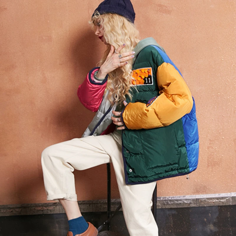 Size Plus Winter Thicken Warm Hooded Down Jacket Women Hit Color Letter Cartoon Embroidery Pattern Sequins Preppy Style Coat 851 | Женская