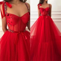 crystal a line evening dresses spaghetti straps handmade flower floor length tulle red formal long prom gown robe de soiree