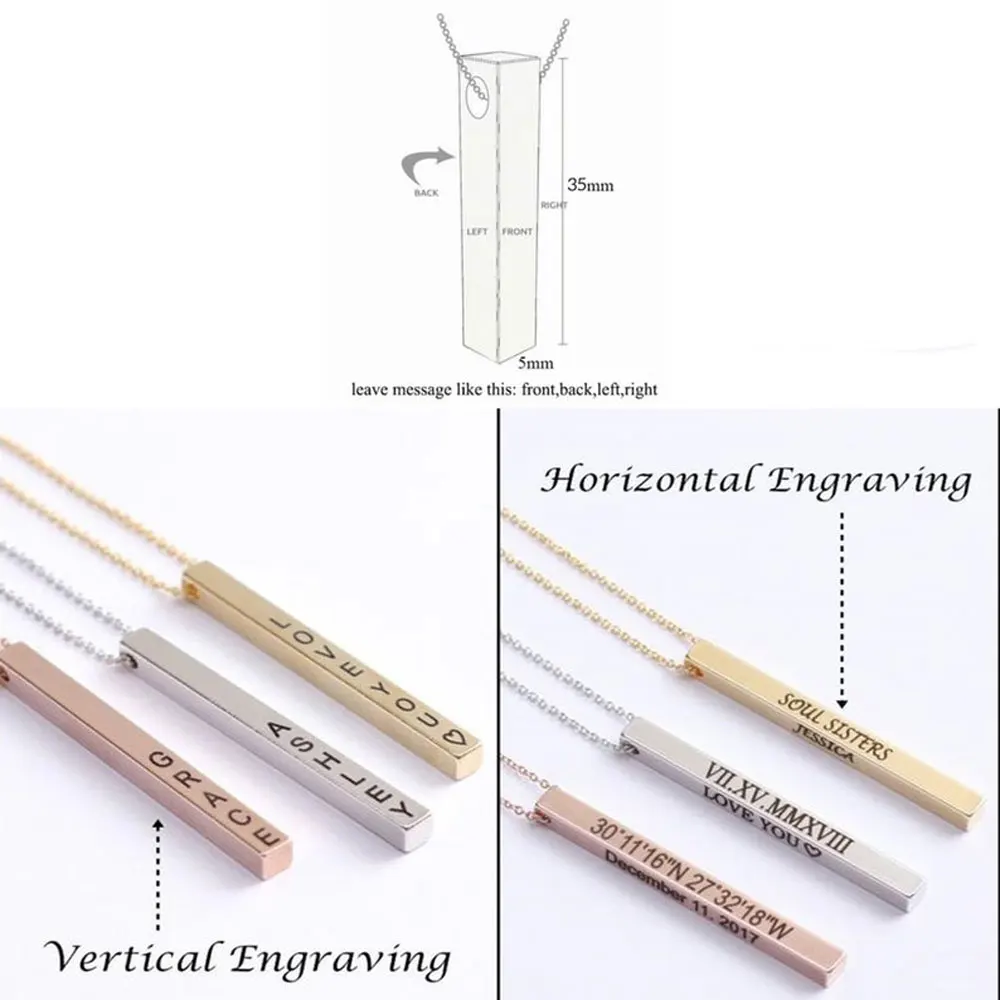 

Mini-World Personalized Bar Stainless Steel Necklace Custom Carved Rectangle Three-dimensional Pendant Men's and Women's Collars