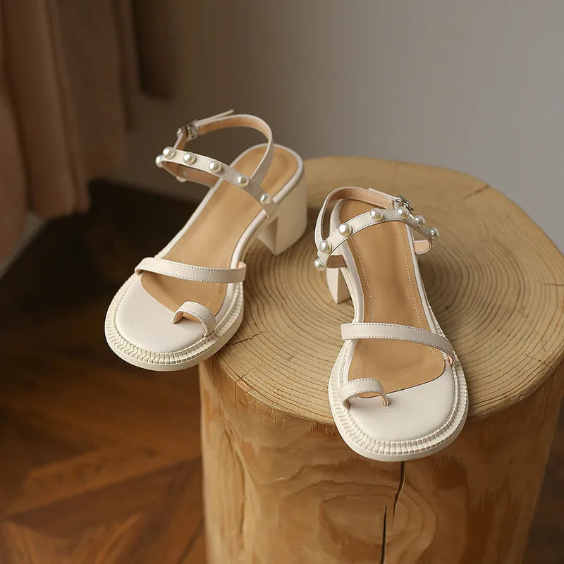 

MEMUNIA 2021 Flip Flops Newest Women Sandals Top Quality Genuine Leather Shoes Pearl Buckle Summer High Heels Sandals Ladies