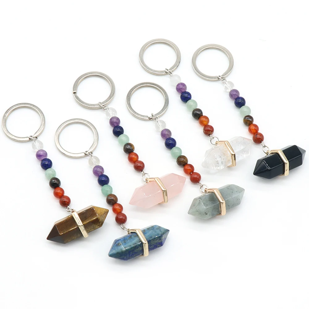 

Natural Stone Seven Chakra Keychain Crystal Rose Quartz Amethyst Lapis Lazuli Agate Tiger Eye Key Chain for Women's Jewelry Gift