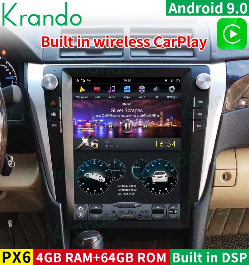 

Krando Android 9.0 12.1" Tesla Style Vertical Screen Car Audio Radio Multimedia For Toyota Camry 2013-2016 GPS Navigation Player