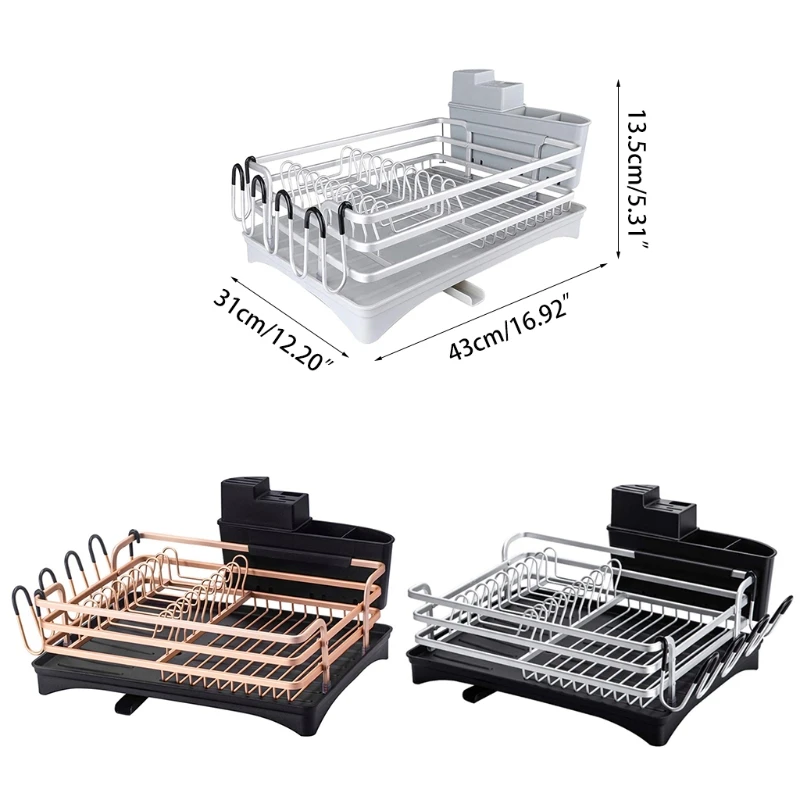 

Aluminum Dish Drying Rack with Drainboard Tray Adjustable Swivel Spout Plate Bowl Cup Shelf Removable Cutlery Holder