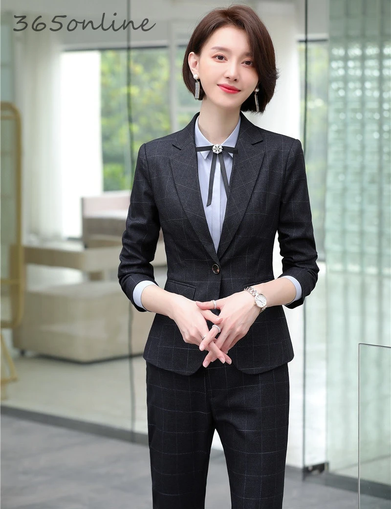 Высококачественные тканевые Модные клетчатые Деловые женские костюмы брючные