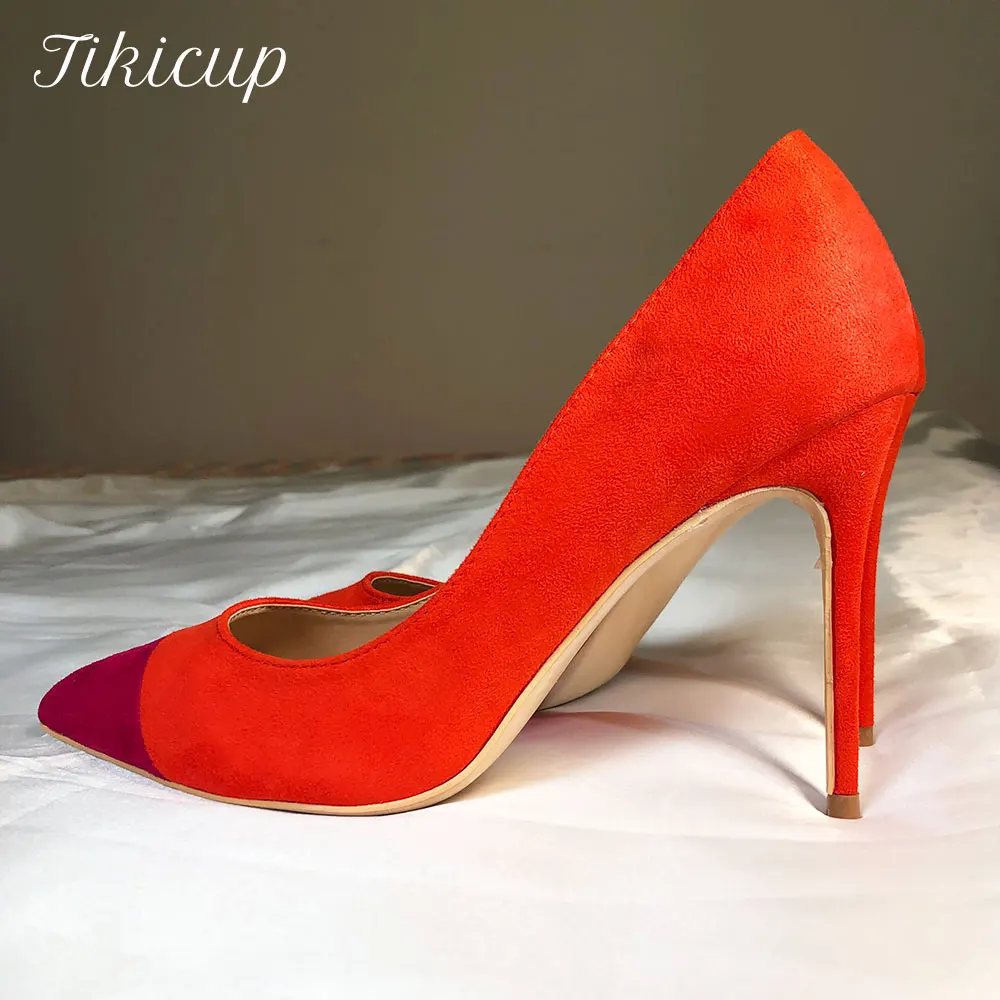 

Tikicup Patchwork Women Orange Faux Suede Pointed Toe Stiletto Pumps 8cm 10cm 12cm High Heels Elegant Ladies Flock Dress Shoes