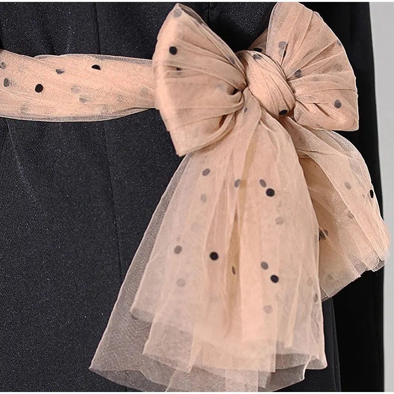 

Fashion Patchwork Polka Dot Mesh Long Black Blazer Women Sexy Backless Notched Long Sleeve Blazers Female Bow Tie New Clothing