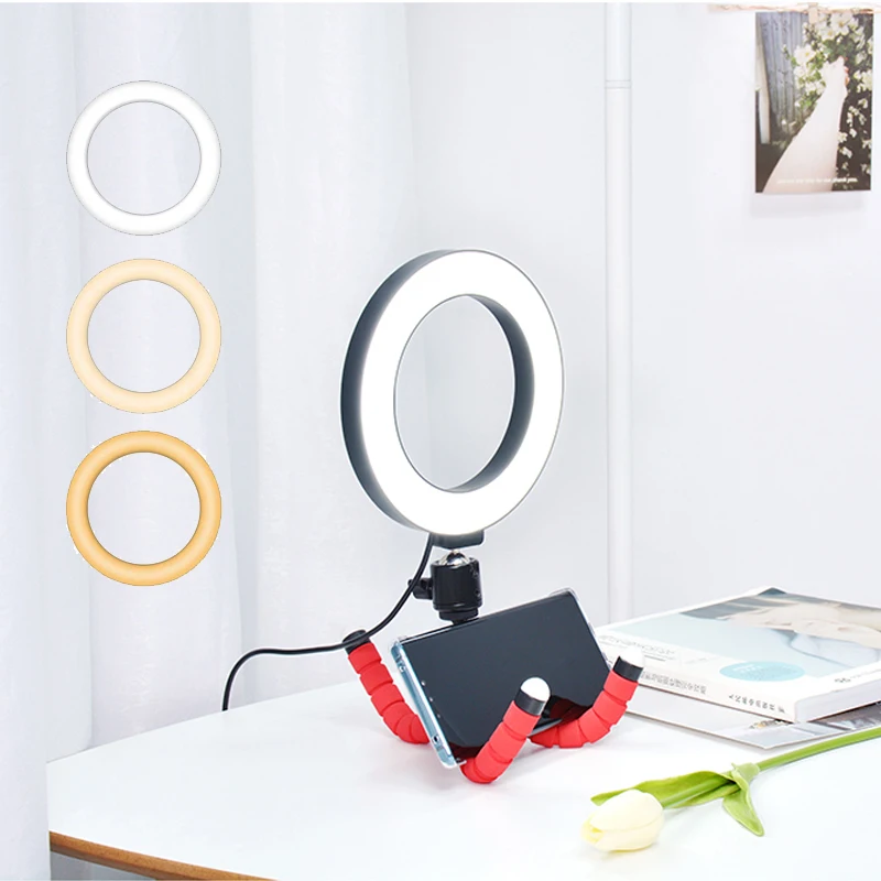 Cellphone Holder 16CM LED Ring Light 10 Adjustable Brightness 3-Colored Circle Lamp with Desktop Tripod for Laptop Live Stream