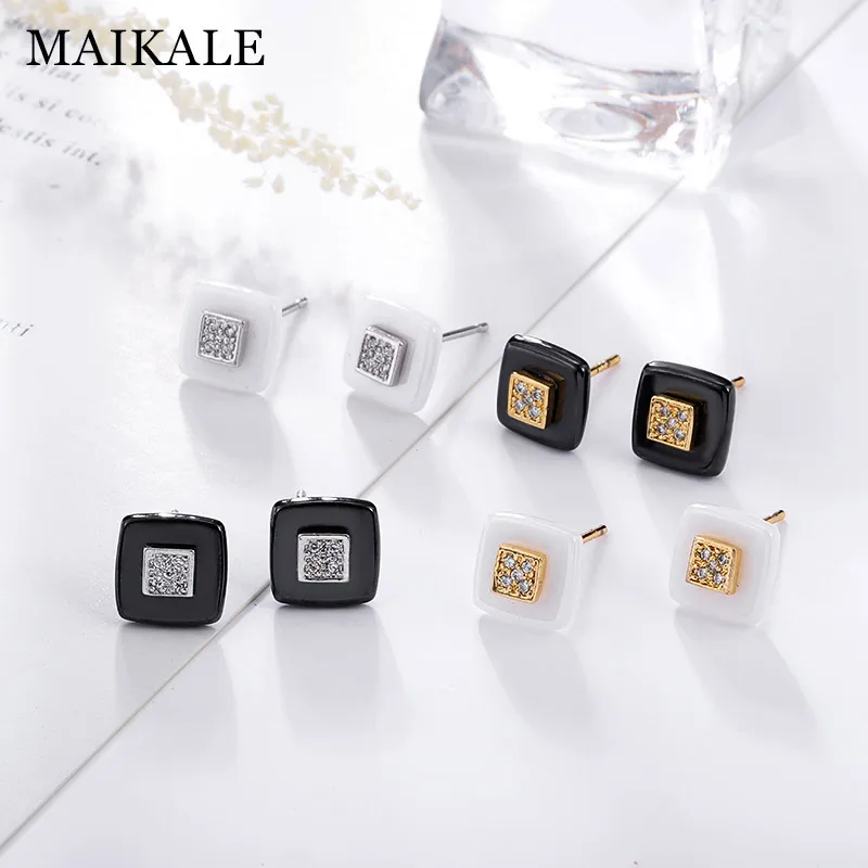 MAIKALE, классические квадратные серьги-гвоздики, керамические, AAA, кубический цирконий, золотой, серебряный цвет, простые корейские серьги для женщин, отправка друзьям