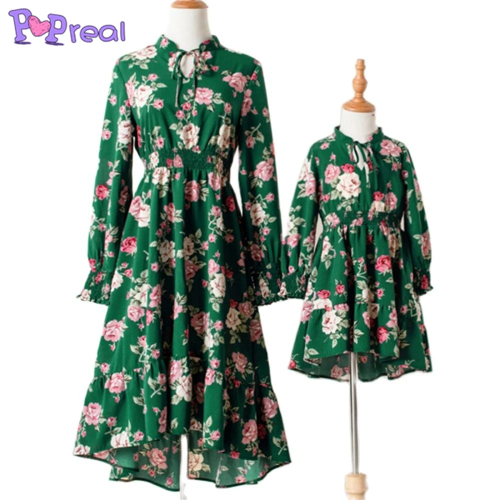 

PopReal Spring Mom And Daughter Dress Sweet Green Flowers Long Sleeve Lrregular Hem Mother Girl Clothes Family Matching Outfits