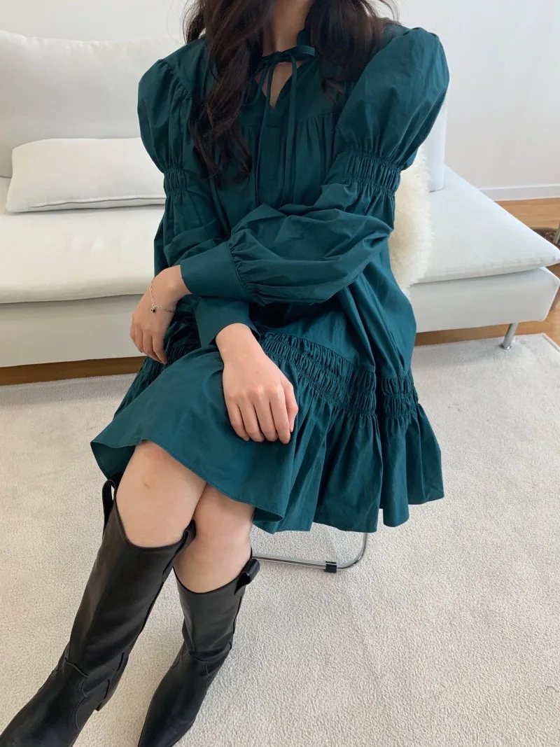 

Autumn Korean Style Woman Dress Long Sleeve V-neck Ruffle Hem Loose Solid Color Ladies Sexy Mini Dresses Casual Party Vestidos