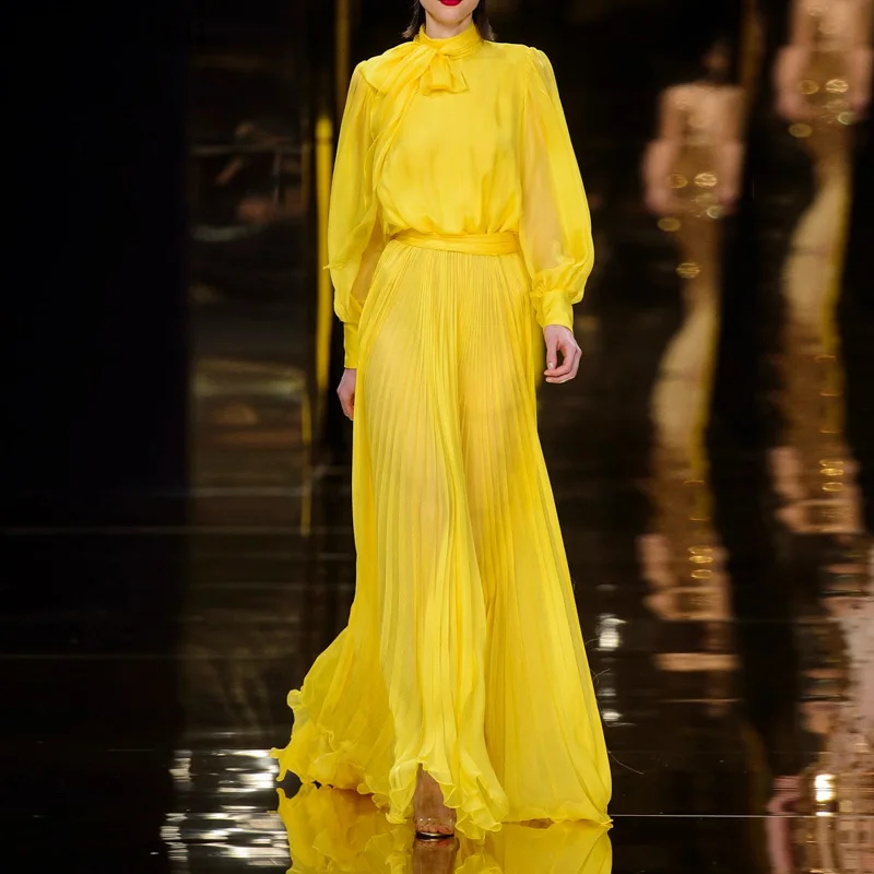 

Yellow Dress New Design Autumn Women Party Dress Stand Collar Bowknot Chiffon Long Dress Lantern Sleeve Vestidos With High Waist