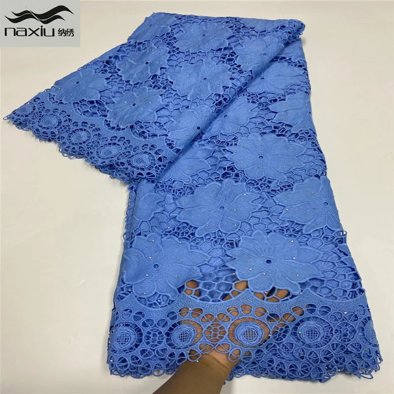 

Madison African Lace Fabric Sky Blue Guipure Lace with Stones Embroiderey Cord Lace Fabric High Quality Nigeria Lace Fabric