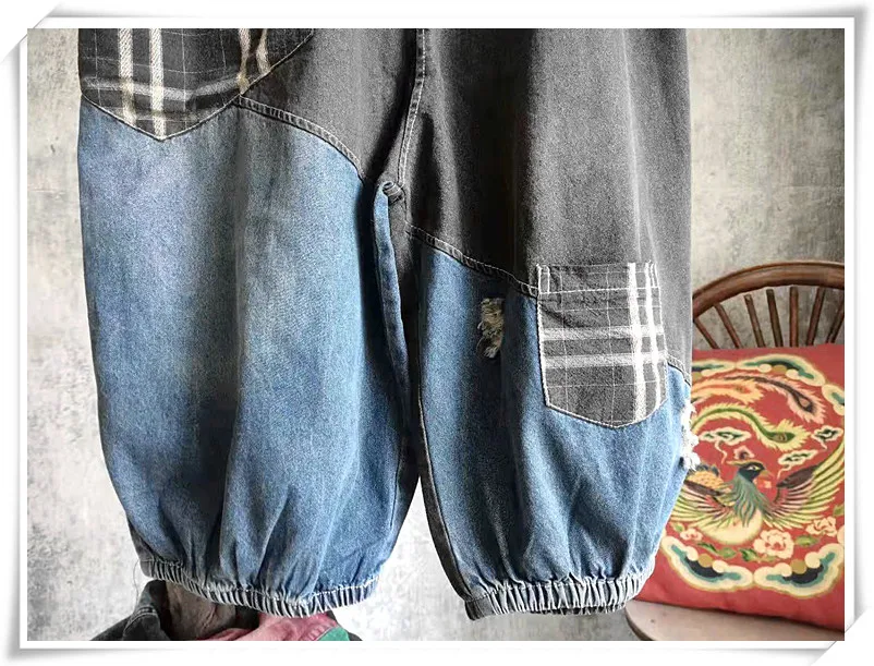 

LYUZHE Vintage Patchwork Women Denim Overalls 2021 Summer Strap Wide Leg Pants Stitching Color Female Denim Jumpsuits QDY152