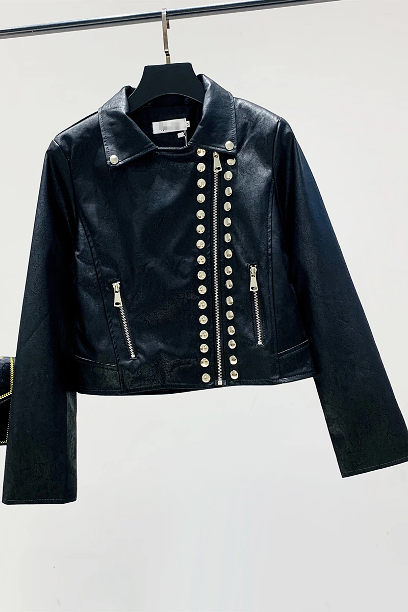 

Women's Short Style Slim-Fit Leather Jacket Motor Cool Black Zipper Pu Jacket Streetwear All-match Women's Short Punk Coat