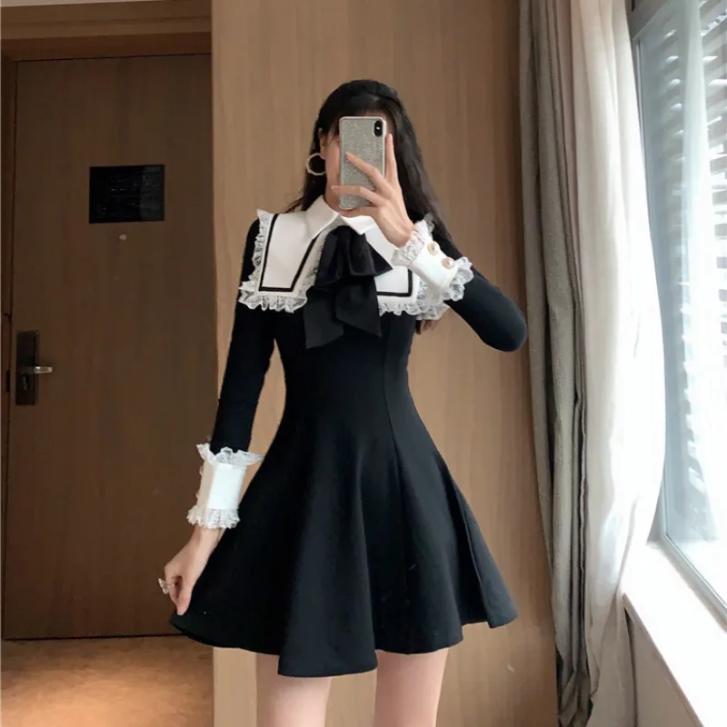 

Japanese Women Gothic Lolita Dress Vintage Victorian Turn-Down Collar Lace Bow Long Sleeve Dress Girly Party Dark Short Dresses