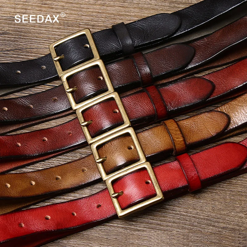 28mm Wide Womens Belt Genuine Leather Simple Brass Pin Buckle Fashion Casual Jeans Girls Ladies Waist Strap