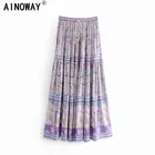 Юбка женская плиссированная, винтажная шикарная пляжная фиолетовая в стиле хиппи, с цветочным принтом, с высокой эластичной талией, с оборками, юбка макси в стиле бохо