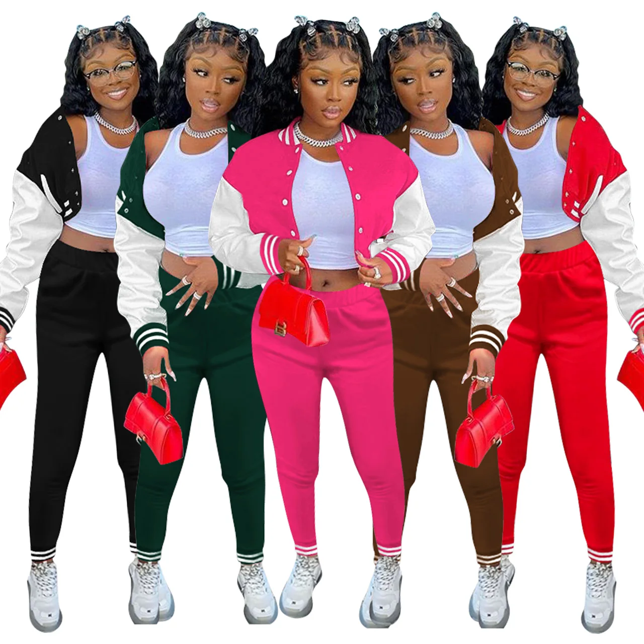 

Женский спортивный костюм контрастных цветов, повседневный однобортный короткий пиджак в стиле пэчворк, облегающие брюки с эластичным поя...